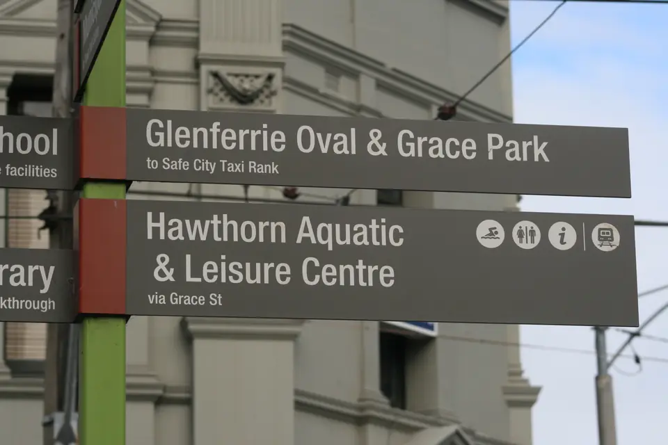 Hawthorn street signage — Glenferrie Oval & Grace Park; Hawthorn Aquatic & Leisure Centre